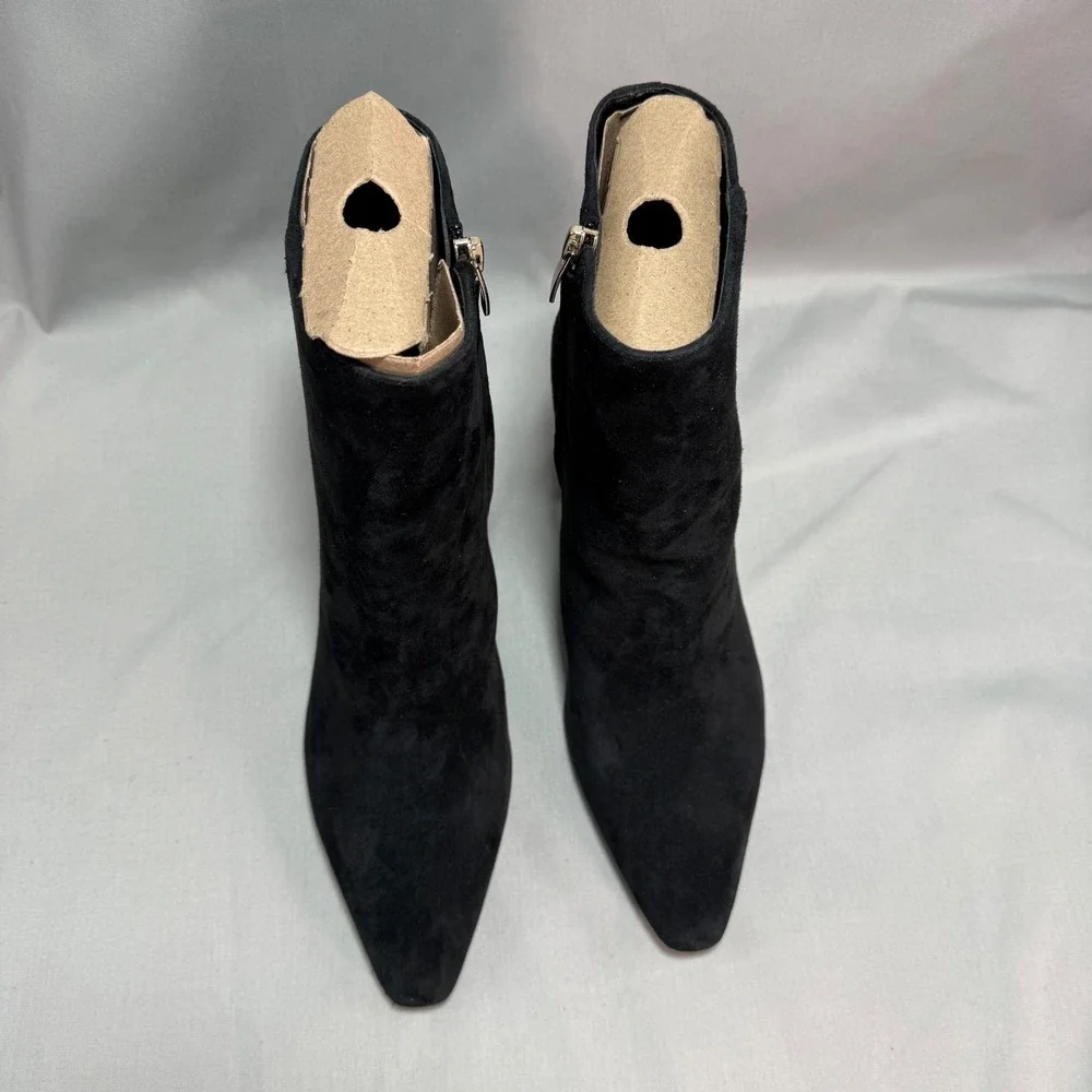 Nine West Dery Ankle Boots Black Suede Pointed Toe Block Heel Minimalist 8.5M